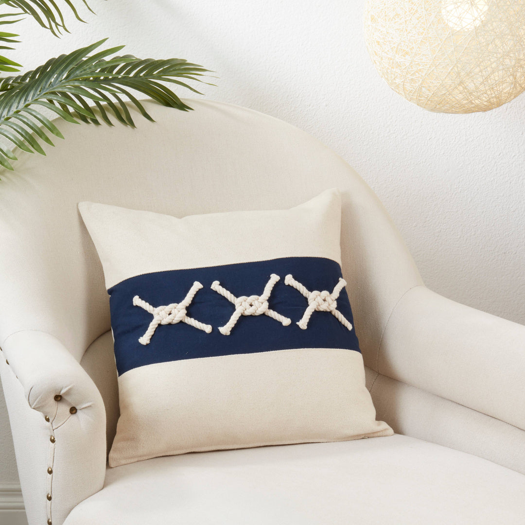 Throw Pillow With Rope Knots Appliqué: Navy Blue / Down Filled / 18"X18"