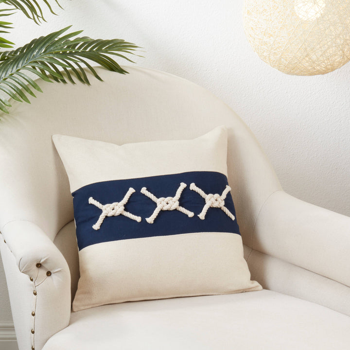 Throw Pillow With Rope Knots Appliqué: Navy Blue / Down Filled / 18"X18"