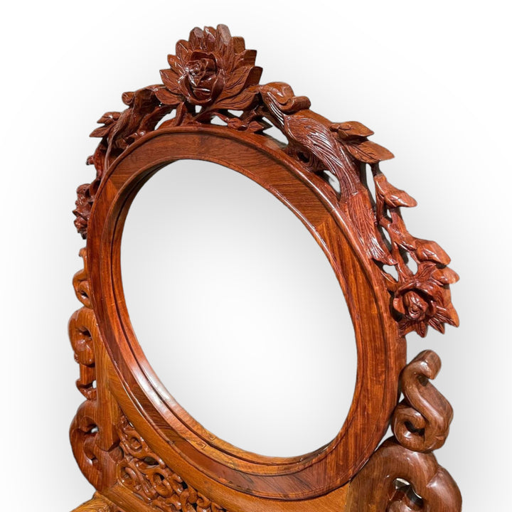 One-of-a-Kind Chinese Rosewood Table Mirror with Elaborate Foo Dogs & Lattice Work
