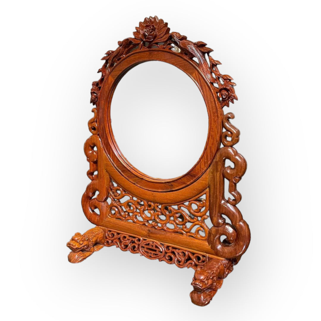 One-of-a-Kind Chinese Rosewood Table Mirror with Elaborate Foo Dogs & Lattice Work