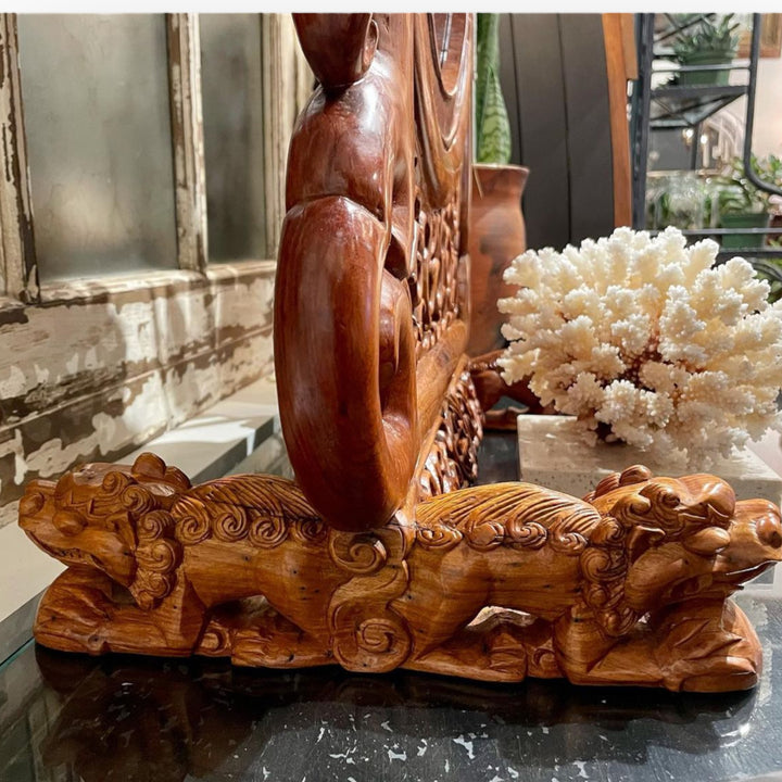 One-of-a-Kind Chinese Rosewood Table Mirror with Elaborate Foo Dogs & Lattice Work
