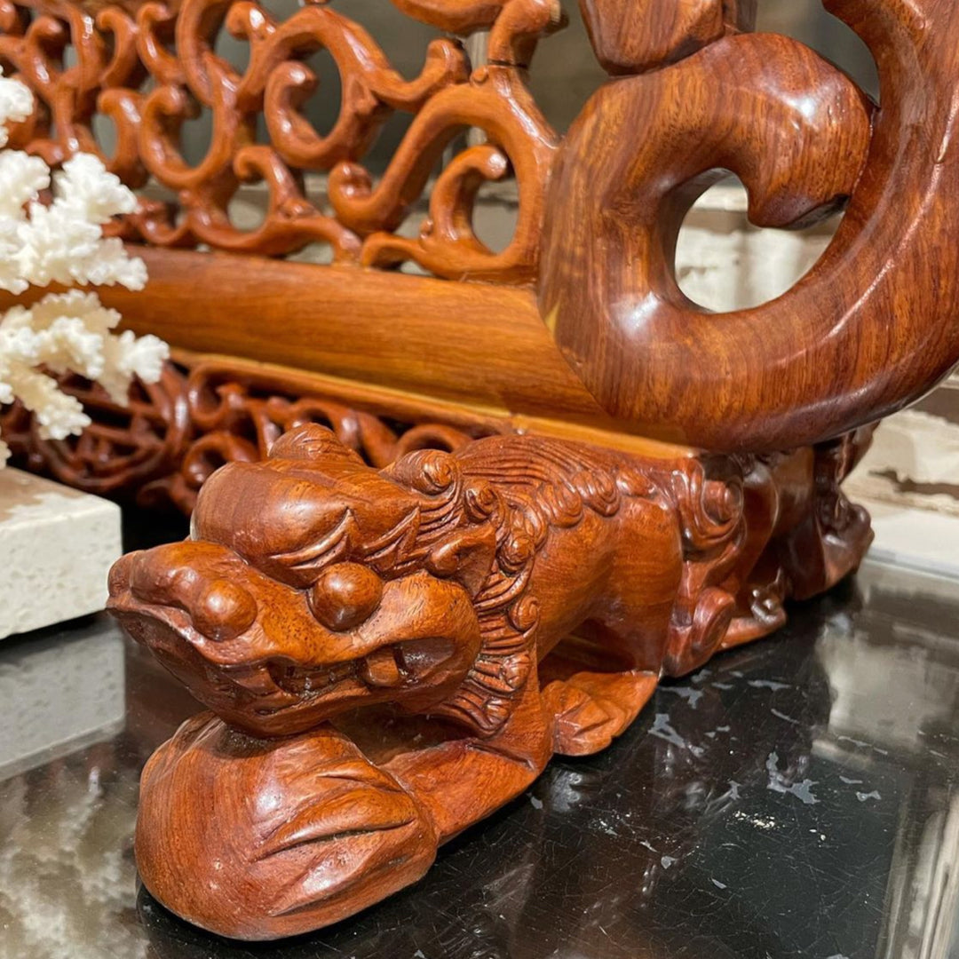 One-of-a-Kind Chinese Rosewood Table Mirror with Elaborate Foo Dogs & Lattice Work
