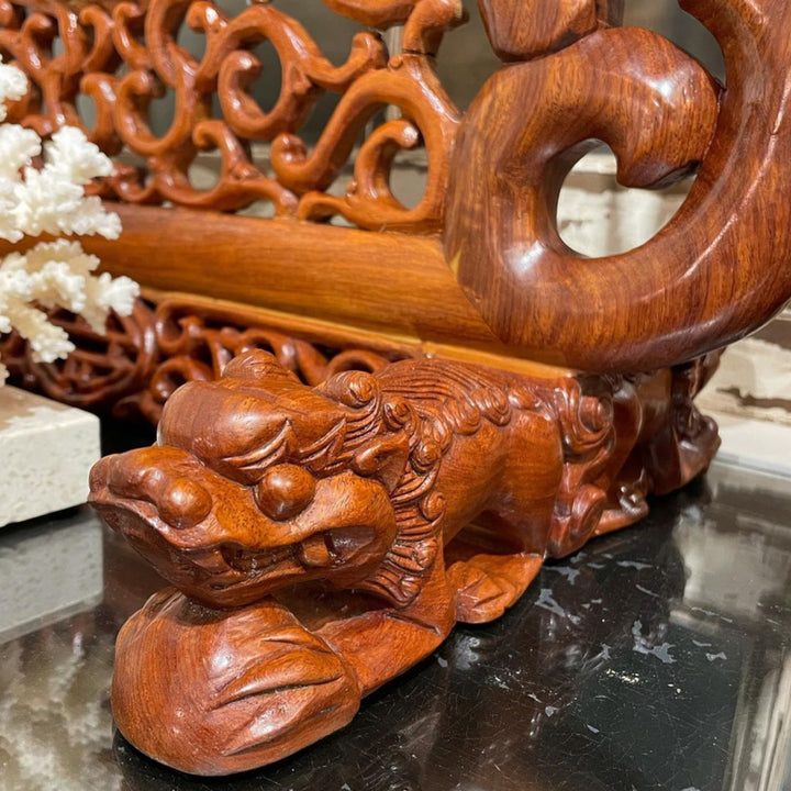 One-of-a-Kind Chinese Rosewood Table Mirror with Elaborate Foo Dogs & Lattice Work