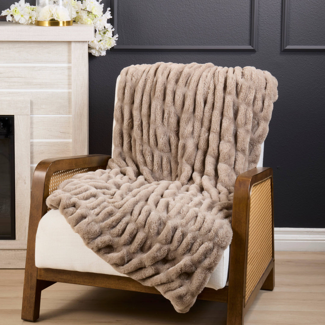 Ribbed Faux Fur Throw Blanket - Mocha, 50"x60"