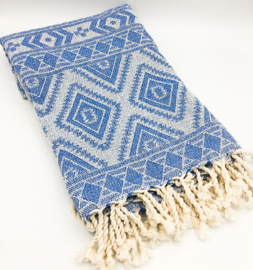 Mexican Blanket | Aztec Throw | Turkish Cotton Beach Towel: Aqua