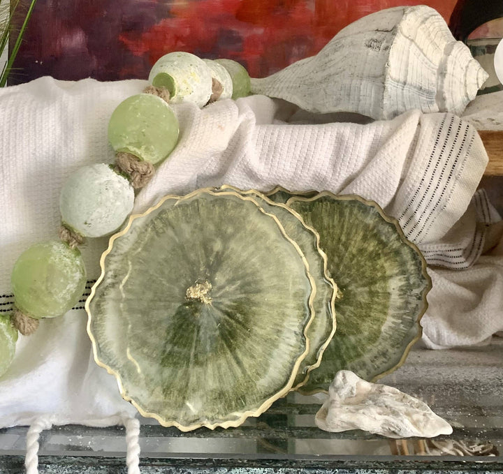 Set of 4 Round Geode Coasters: Olive Green