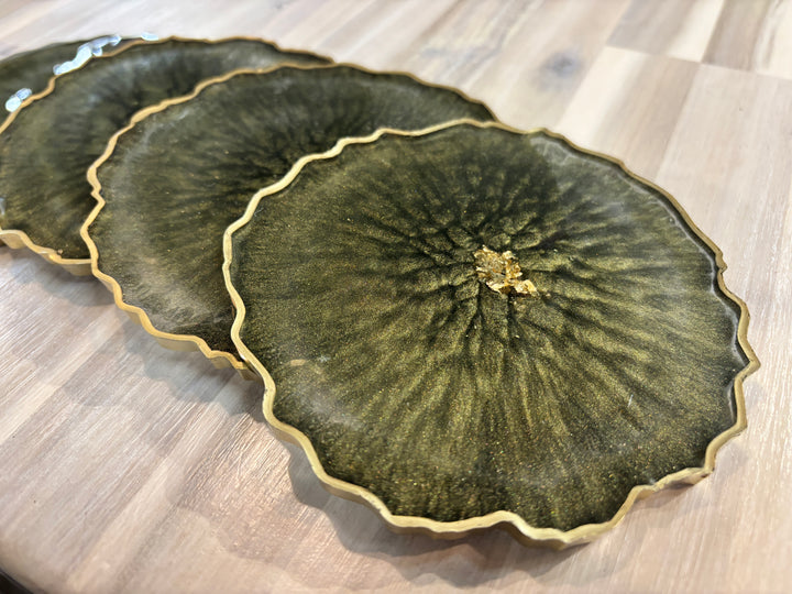 Set of 4 Round Geode Coasters: Olive Green