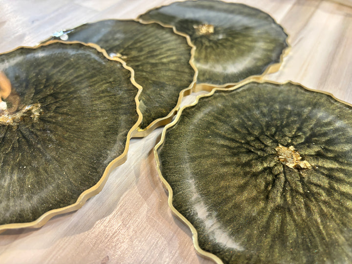 Set of 4 Round Geode Coasters: Olive Green