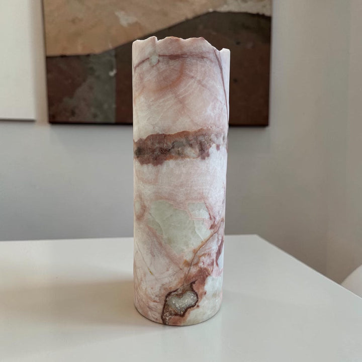 Dusty Rose Hand Carved Onyx Lamp 12”H x 4.5”W