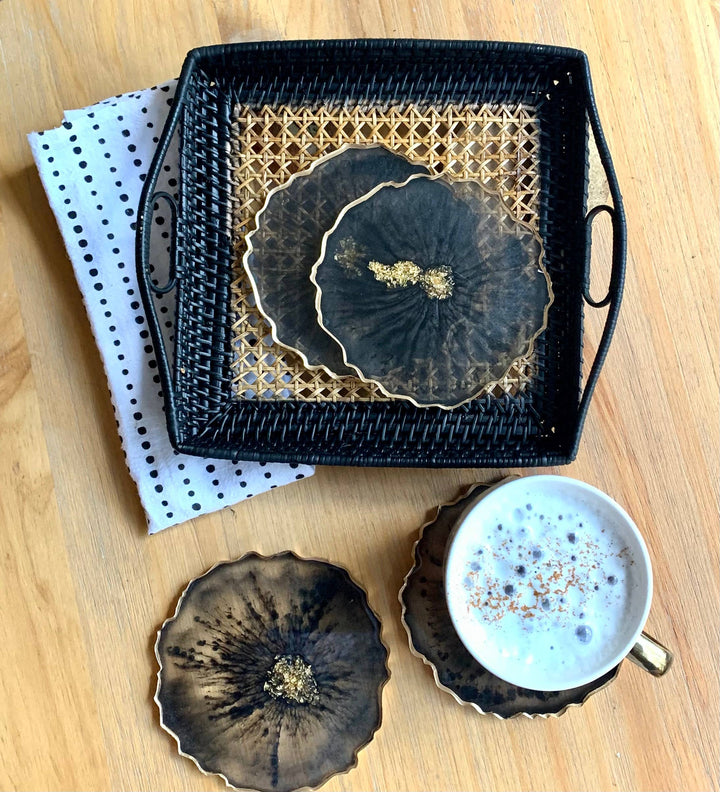 Set of 4 Round Geode Coasters: Black