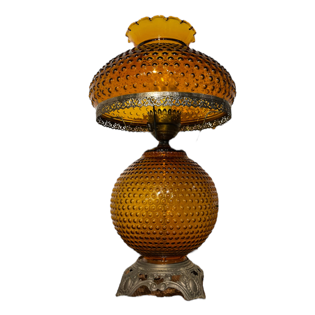 Vintage Amber Hobnail Hurricane Lamp