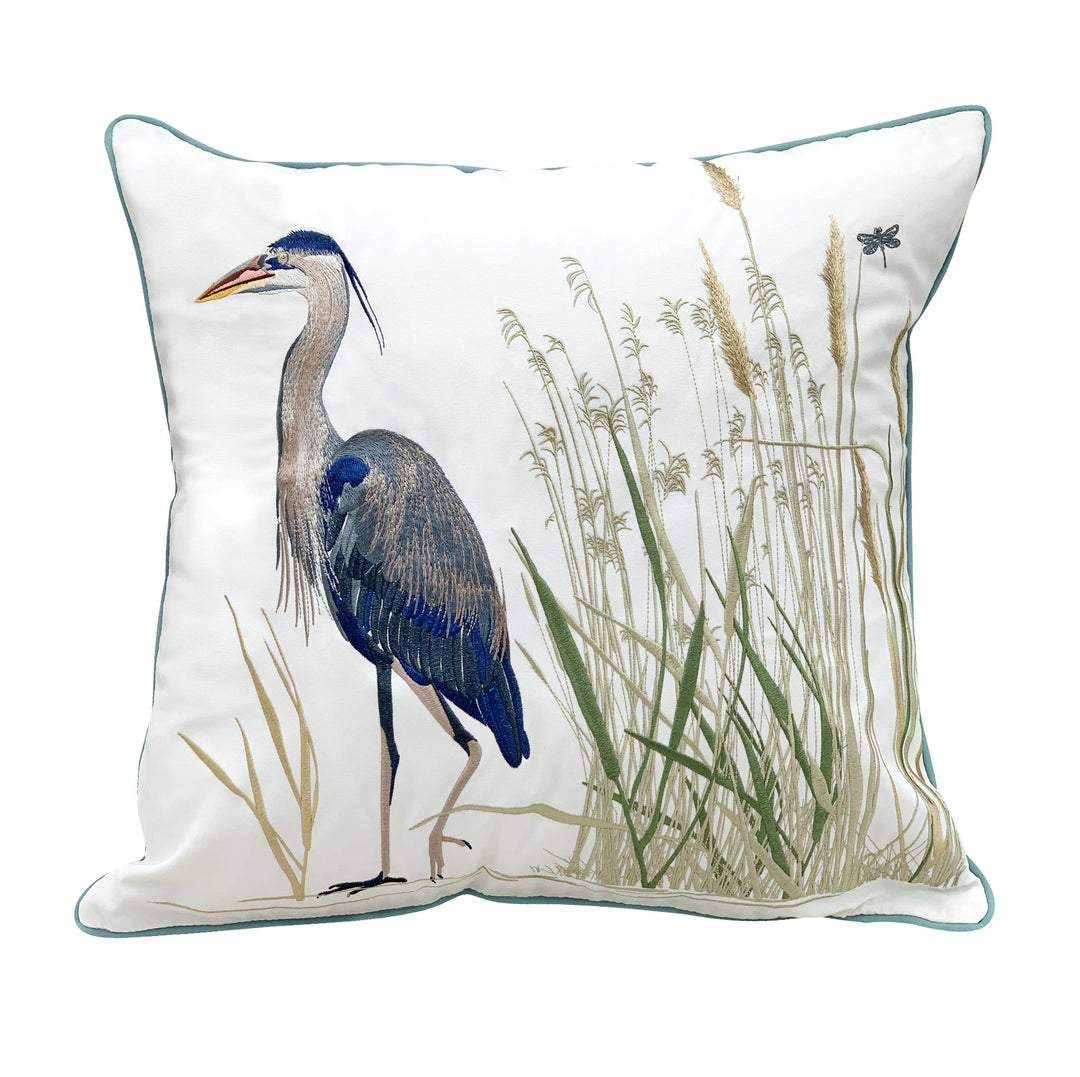 Great Blue Heron Embroidered Left Facing Indoor/Outdoor Pillow- 21"x21"