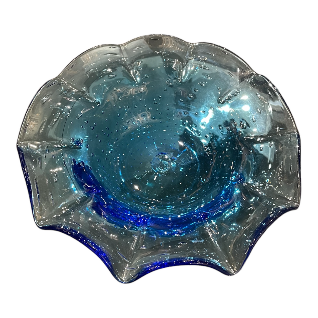 Vintage Hand-Blown Artisan Ruffled Peacock Blue Bowl