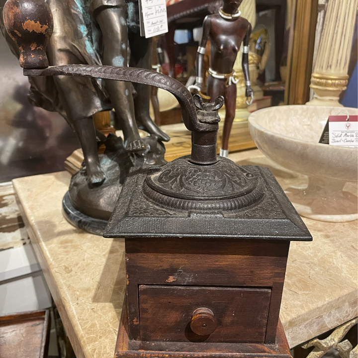 Antique Cast Iron Wooden Coffee Grinder with Lower Drawer