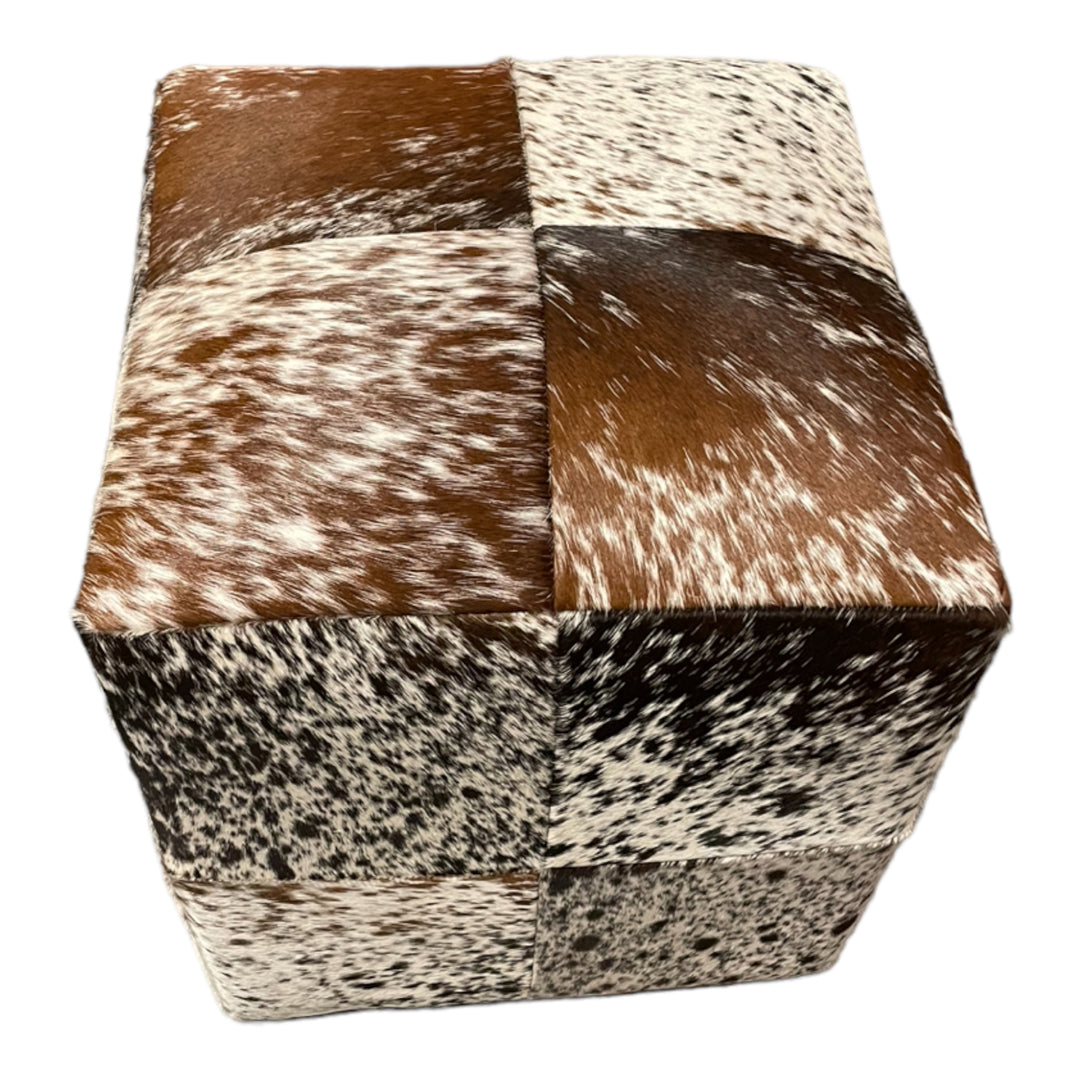 Tricolored Genuine Brazilian Cowhide patchwork pouf/ottoman 18x18x18