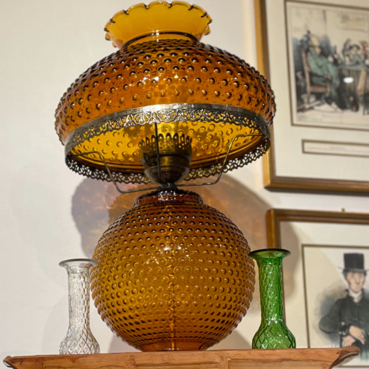 Vintage Amber Hobnail Hurricane Lamp