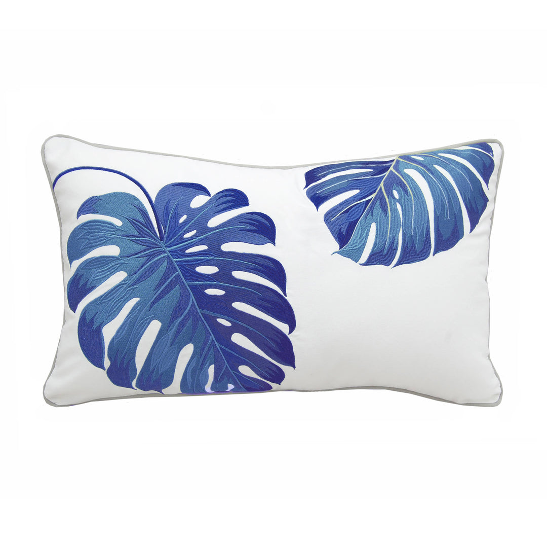 Embroidered Blue Monstera Indoor/outdoor Pillow- 21x12