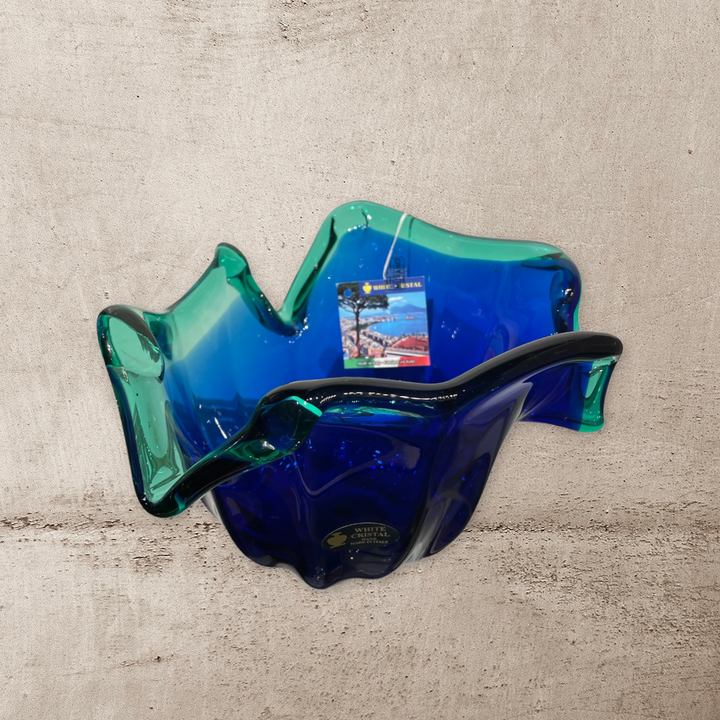 Vintage Murano White Crystal Blue Aqua Glass Bowl