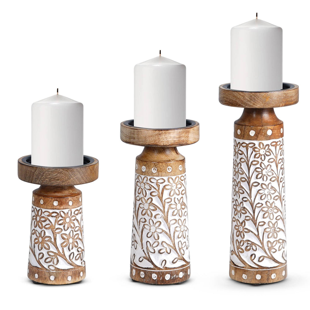 Artisan Hand Carved Crafted Thick Wood Candle Holders 3 Pcs