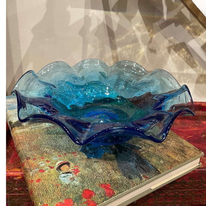 Vintage Hand-Blown Artisan Ruffled Peacock Blue Bowl