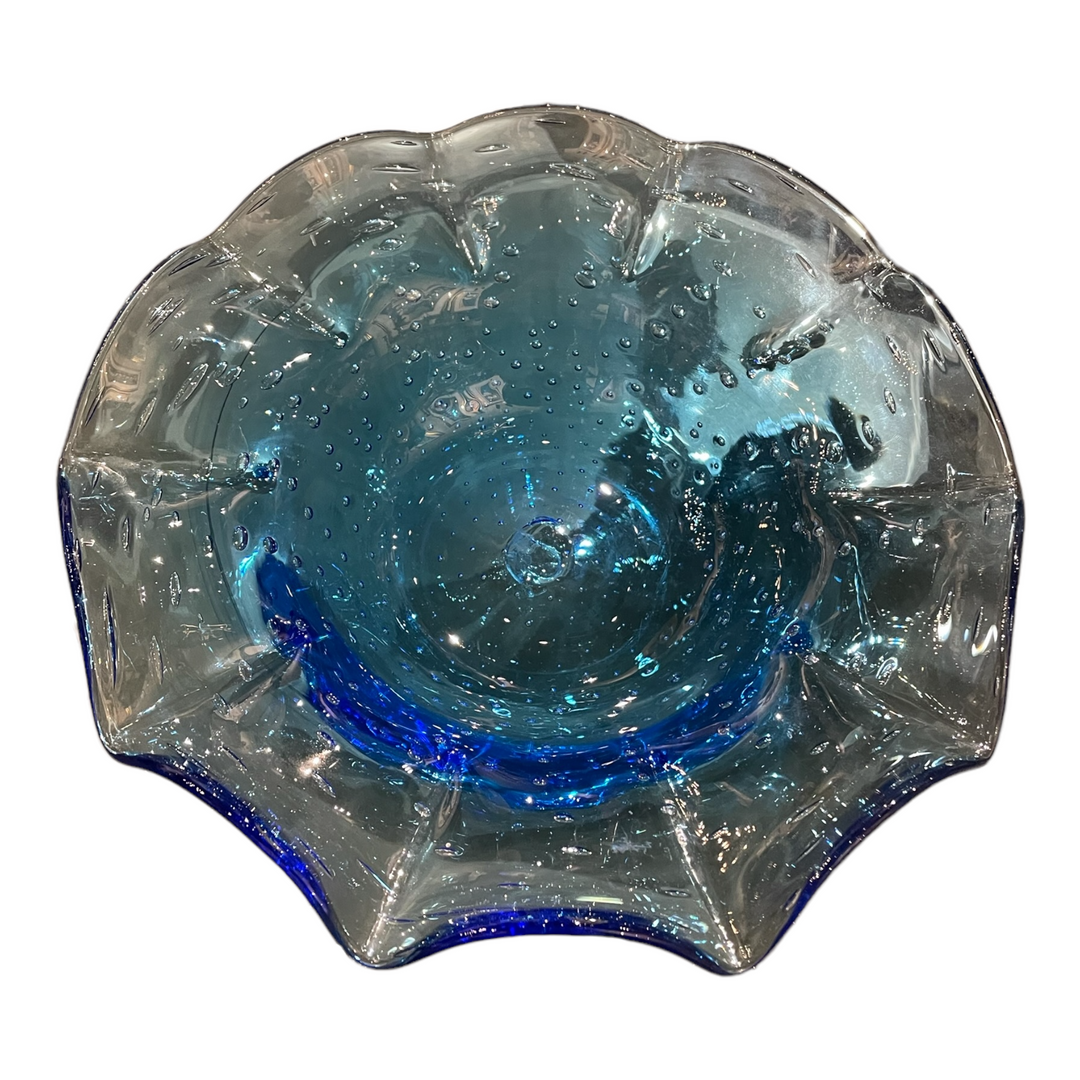 Vintage Hand-Blown Artisan Ruffled Peacock Blue Bowl