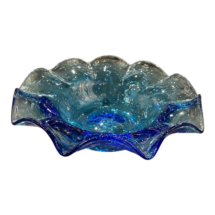 Vintage Hand-Blown Artisan Ruffled Peacock Blue Bowl