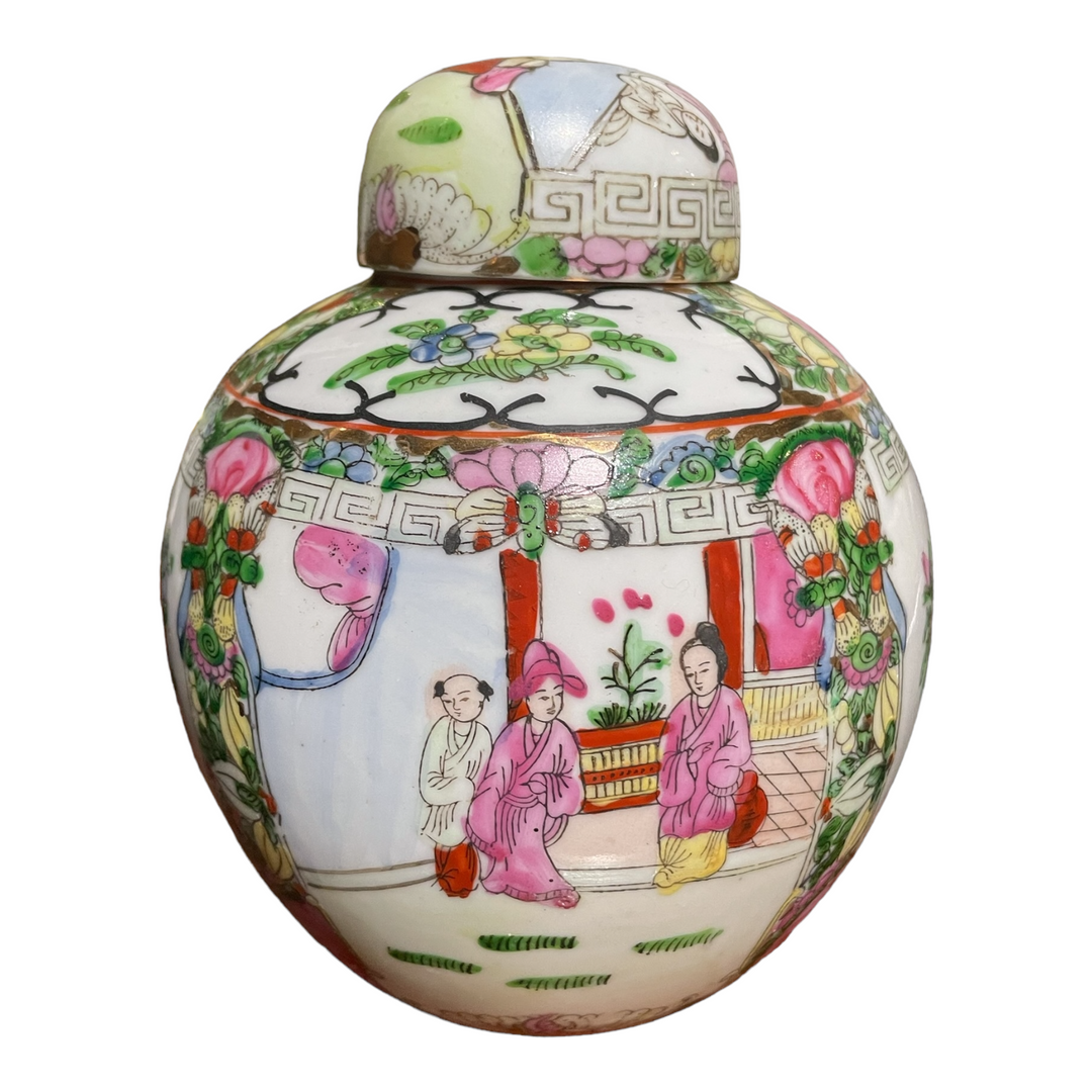 Vintage Famille Rose Hand Painted Japanese Jar & Lid