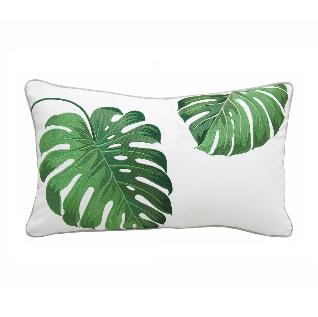 Embroidered Tropical Green Monstera Palm Lumbar Indoor/Outdoor Pillow 21" x 12"