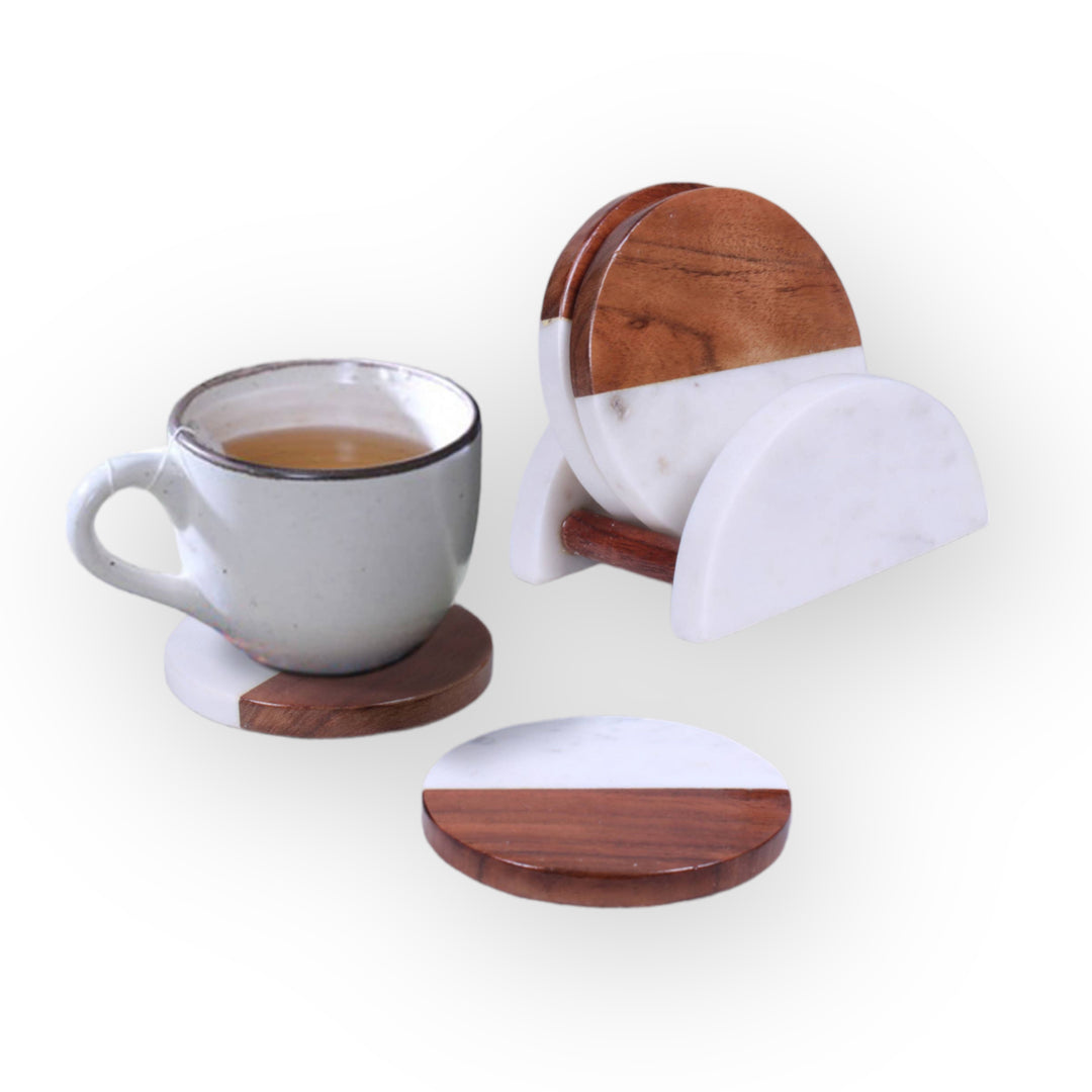 Round Marble and Wood Coaster Set of 4 with Holder