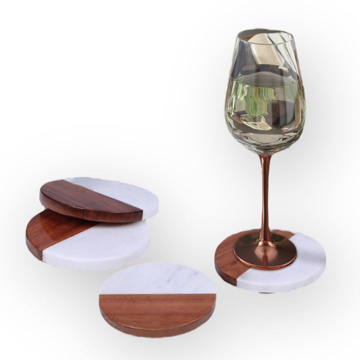 Round Marble and Wood Coaster Set of 4 with Holder