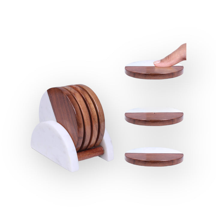 Round Marble and Wood Coaster Set of 4 with Holder